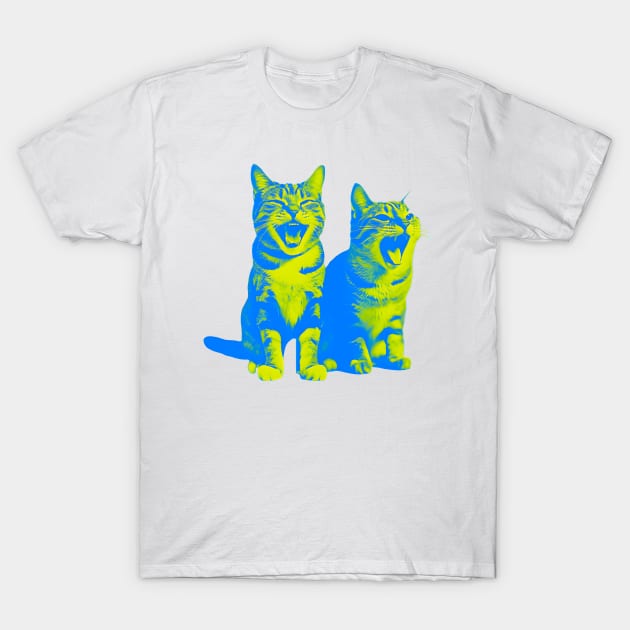 Laughing Cats - duotone blue and yellow T-Shirt by Ravenglow